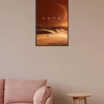 Dune-inspired wall poster, sand dune art, sci-fi movie decor, crimson desert landscape poster, futuristic wall art, cinematic Dune design, resilience and exploration poster, Mars-like scenery art, epic sci-fi wall decor, lone wanderer poster, minimalist movie art, storytelling wall decor, interstellar journey poster, science fiction wall art, dramatic desert artwork