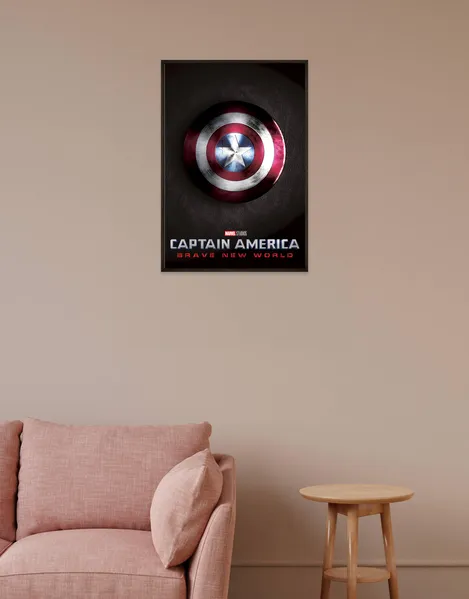 Captain America poster, Brave New World art, Marvel shield poster, superhero decor, Marvel fan art, vibranium shield art, Avengers wall decor, First Avenger shield, heroic wall art, Marvel Studios collectible, iconic shield art, Captain America memorabilia, Marvel action movie art, superhero collectibles, Marvel poster decor