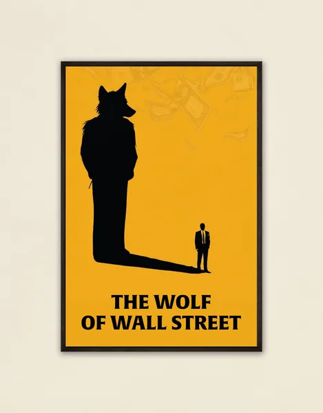 The Wolf of Wall Street poster, motivational movie decor, Wall Street art, bold silhouette artwork, finance-themed poster, cinematic wall art, entrepreneurial decor, Wolf movie poster, iconic movie poster, inspiring wall art, striking yellow poster, Wolf of Wall Street decor, alpha ambition art, Wall Street collector’s piece, bold statement art