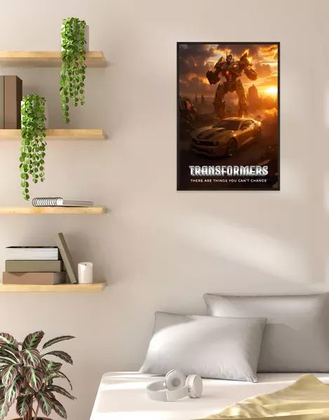 Epic Transformers poster featuring Bumblebee in his robot and Camaro forms. A bold addition for fans of the saga!