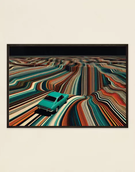 Surreal Road Journey Art Poster – Retro Car on Waves of Color